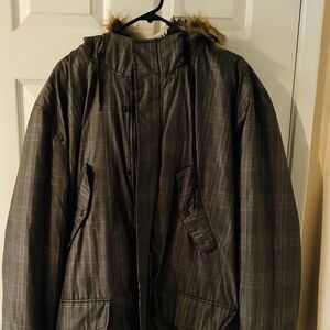 Men's Gray Plaid Jacket with Fur Trim